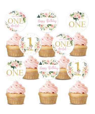 Funmemoir Flower First Birthday Decorations for Girl - 24PCS Pink Floral Cupcake Toppers for Isn't She Lovely Isn't She Onederful Little Miss Onederful Baby Girl 1st Birthday Party Decorations