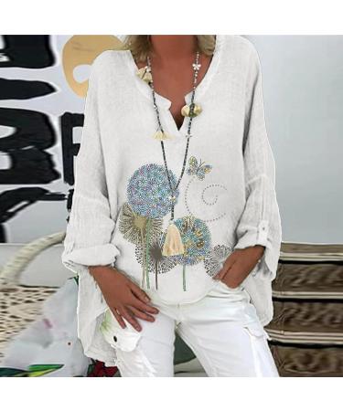 Cotton Linen Women's Summer Loose Fit Long Sleeve Shirt | Plus Size Casual Beach Blouse | H-White 5X-Large - Buy Online on GoSupps.com