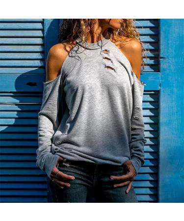 Stylish Women's Shoulder-Free T-Shirt - One Shoulder Long Sleeve Blouse for Teens & Girls - Sexy Gray Hollow Hole Design - Buy Online on GoSupps.com
