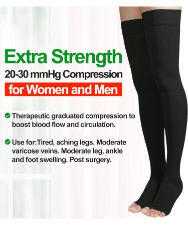 Open Toe Thigh High Compression Stockings Pair - 20-30mmHg Firm Support, Silicone Band, Unisex, Best for Veins & Edema - Black, Size S - Buy Online on GoSupps.com