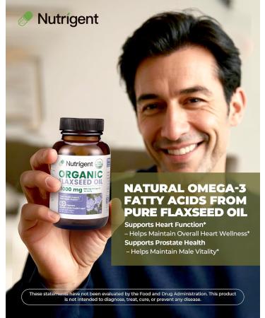 Nutrigent USDA Certified Organic Flaxseed Oil 1000 mg, Cold Pressed 100% Pure with Plant-Based Omega 3 ALA Essential Fatty Acids for Heart & Skin Health, 60 Capsules - Buy Online on GoSupps.com