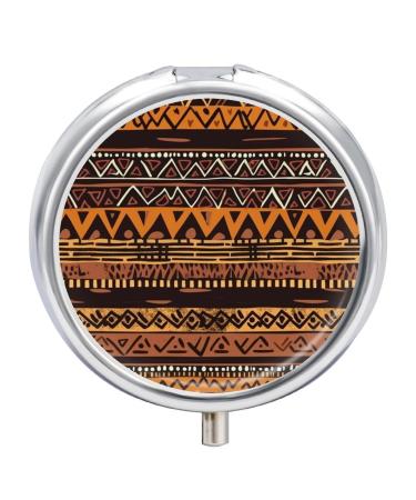 Round Pill Box African Mud Cloth Tribal Print 3 Compartment Medicine Pill Case Print Pill Organizer Decorative Metal Portable Pill Box Pocket Pill Box