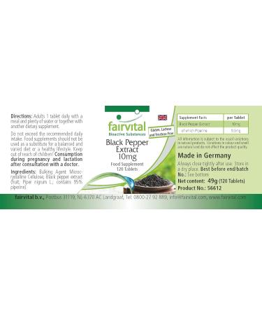 Fairvital | Black pepper extract 10 mg - 120 tablets - 95% piperine - For 4 months - 100% vegan - Tested quality - Made in Germany - Buy Online on GoSupps.com