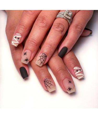 Halloween Press on Nails Short Square Fake Nails with Cute Mummy Designs Glossy Pink Nails Press ons Cute Spider Cobweb Full Cover Acrylic Nails French Halloween Glue on Nails for Women 24Pcs Style 9