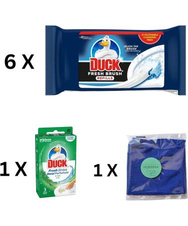 6 x Duck Fresh Brush Refills(6 Packs 72 Flushable Cleaning Pads) with 1x Toilet Duck Fresh Strips Pine(3 Strips) and 1x Hubsidia Microfibre Cloth - Buy Online on GoSupps.com