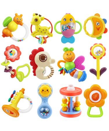 MOONTOY 12pcs Baby Rattle Teething Toys, Infant Teether Shaker Grab and Spin Rattles Toy, Musical Toy Set, Early Educational Newborn Chew Toys Gifts for 0, 3, 6, 9, 12 Months Infant Baby Boys Girls 12 pieces