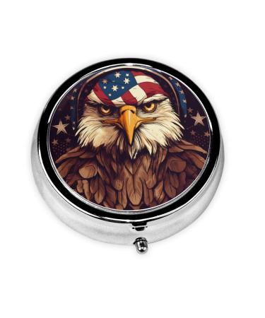 American Flag Background Eagle Portable Metal Pill Box Round Mini 3-Compartment Plastic Insert hinged Fastening Design Suitable for Small Pills Must-Have for Travel