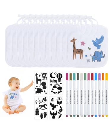 Luchild bibs for painting knows Libben painting BabyArty including 12 textile pens and 4 times stencils for creative design ideal for babyshower party gifts