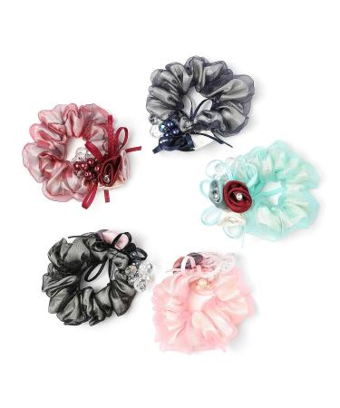 Silk Floral Pearl Hair Ties Scrunchy - Neutral Ponytail Holder for Women and Girls - Buy Online on GoSupps.com