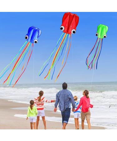 Hengda Kite Pack: 3 Colors Easy Flyer Octopus Kite for Kids - Large 31 Wide with Long Tail - Beach or Park Fun - Red, Green, Blue - Buy Online on GoSupps.com