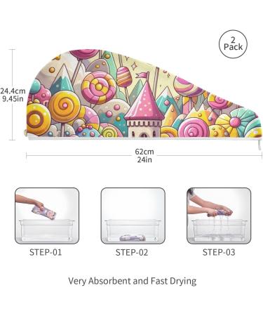 Sweet & Sweet Candy Lollipop Land Hair Towel 2 Pack - Super Absorbent Hair Drying Turbans with Button Twist Wrap for Women & Girls | Fast International Shipping - Buy Online on GoSupps.com