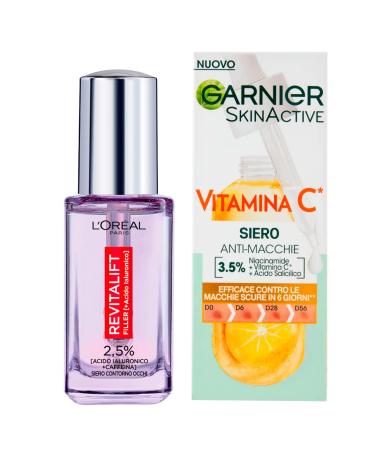 Garnier Skinactive Concentrated Face Serum with Vitamin C Illuminating and Anti Stain 30ml + Revitalift Filler Anti-Wrinkle Eye Contour Serum with Hyaluronic Acid and Caffeine 20ml