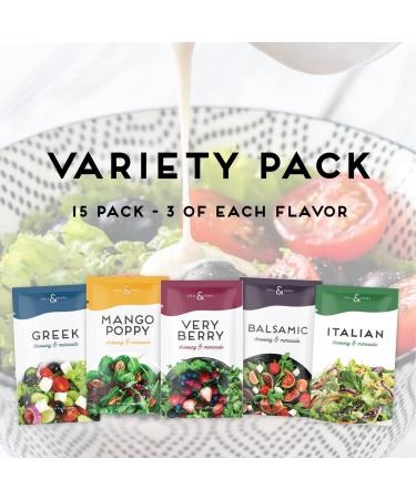 Hall & Perry Lite Salad Dressing Packets - Low Calorie, Low Fat, Keto Friendly - 15 Ready-to-Serve 1 oz Pouches - Berry Greek & Mango Poppy Flavors - Balsamic & Italian - 15 Pack - Buy Online on GoSupps.com