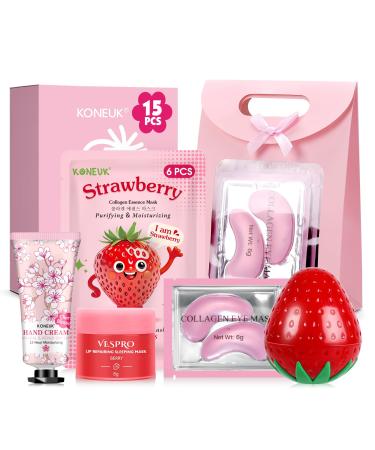 15 PACK Skincare Gift Set for Teen Girls Travel Kit & Stocking Stuffers with Under Eye Patches Facial Masks Hand Cream Lip Mask Body Lotions Christmas Gifts for Kids Women & Mothers Day Strawberry Skin Care Sets