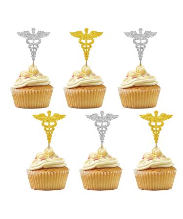Set of 24 Nursing Cupcake Toppers Silver&Gold Glitter Scepter Cupcake Picks Nursing School Graduation Cake Decorations Nurse Birthday/Baby Shower Party Supplies