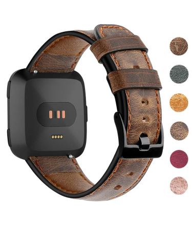 EZCO Leather Bands Compatible with Fitbit Versa/Versa 2 / Versa Lite, Vintage Genuine Leather Band Replacement Strap Wristband Accessories Man Women 5.5-7.8 Wrist Compatible with Versa Smart Watch Dark Coffee Brown