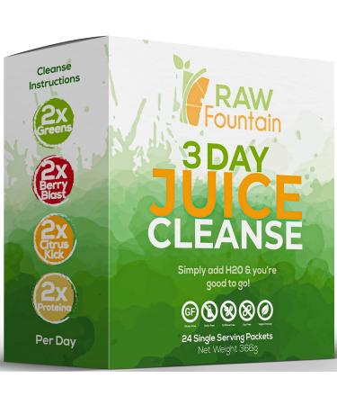 Raw Fountain 3 Day Juice Cleanse Detox 24 Powder Packets Travel and Vegan Friendly 4 All Natural Flavors Includes Protein (3 Day)