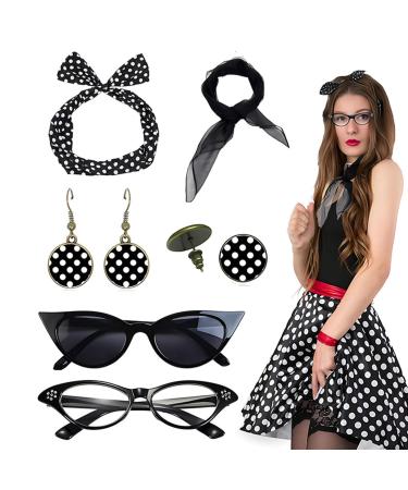 Polka Dot Headbands for Women - 1950s Headbands and Drop Earrings Set - Print Dangle Earrings with Vintage Hair Bands Chiffon Scarf Cat Eye Glasses