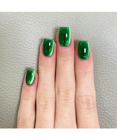 24Pcs Jade Green Cat Eye Press on Nails Short Square Fake Nails Shiny Glitter Press on Nails Full Cover Glossy Stick on Nails for Women Girls Gradient Acrylic Nails Spring Summer Press on Nails A26
