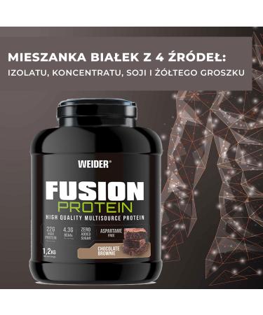 Weider Fusion Protein (1.2kg) Chocolate Brownie Flavor Complete Formula with 4 Quality Protein Sources Animal & Plant 22g Protein + 4.2g BCAA/Dose No Added Sugar No Aspartame - Buy Online on GoSupps.com