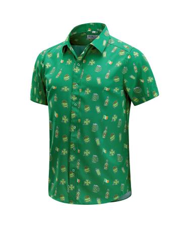 ENVMENST Mens St.Patrick's Day Shirt Irish Clover Printed Casual Short Sleeve Hawaiian Button Up Shirts Green Large
