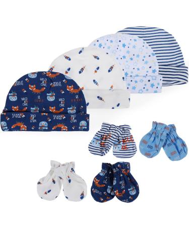 Lictin Newborn Baby Caps Mittens - Pure Cotton 4pcs Baby Caps Hats and 4 Pairs Baby Scratch Mittens Gloves for Baby Girl 0-6 Months (Pink) Blue