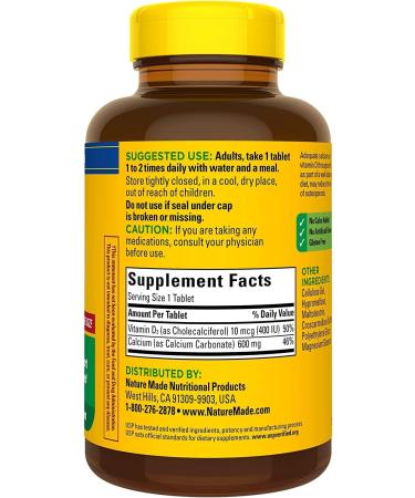 Nature Made Calcium 600mg with Vitamin D3 - 220 Tablets | Bone Support Supplement - Buy Online on GoSupps.com