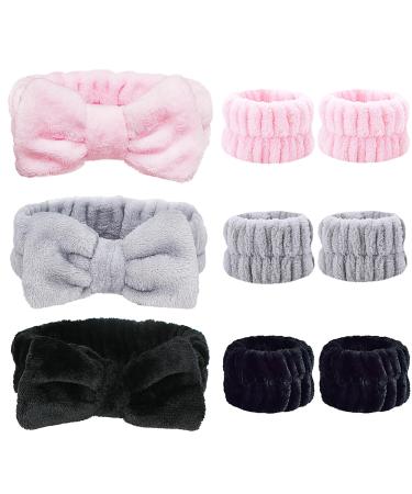QVMKWL 3Pcs Bow Coral Fleece Elastic Spa Headband with 3 Pair Wrist Wash Towel Band(Gray Pink Black