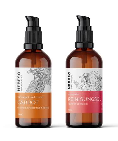 HEBESO Organic Carrot Oil & Rejuvenating Cleansing Oil Set - 100ml x 2 | For a visible natural tan & gentle and effective cleansing | With Vitamin E 5 nourishing oils and