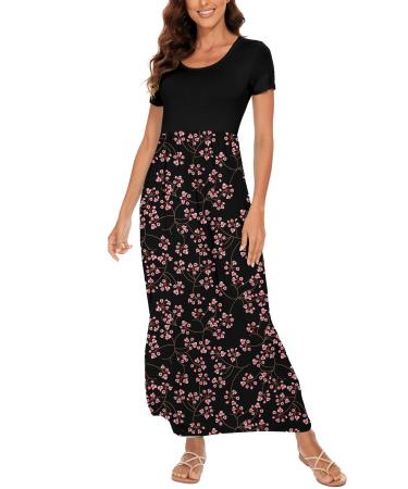 YUNDAI Womens Maxi Dress Summer Maternity Casual Short Sleeve Floral Loose Long Dresses Plus Size Ladies Dress with Pocket 03-Short Sleeve L B08 Gypsophila Black