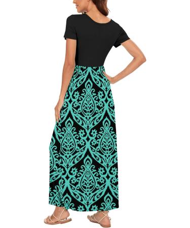 YUNDAI Women's Maternity Maxi Dress | Floral Loose Long Summer Dress with Pocket | Plus Size Short Sleeve | Blue Green - Size L - Buy Online on GoSupps.com