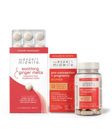 My Expert Midwife Pregnancy & Nausea Relief Duo Pre-Conception Supplements with 12 Essential Prenatal Vitamins and Minerals Soothing Ginger Melts Help Manage Morning Sickness - 60 Capsules 60 Melts