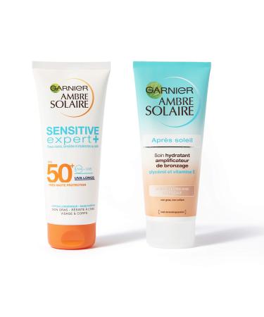Garnier Ambre Solaire Complete Sun Protection Set - Protective Milk SPF 50+ + Hydrating Aftersun Tanning Enhancer Treatment - Face & Body - Light & Sensitive Skin - 200 ml
