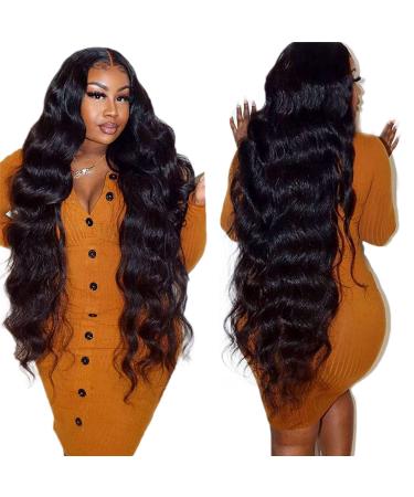 Abhayy 13x4 Lace Front Wigs Human Hair 28 Inch Body Wave Lace Frontal Human Hair Wigs for Black Women 180% Density Glueless Brazilian Virgin Human Hair Pre Plucked Bleached Knots 28 Inch Natural Black Color