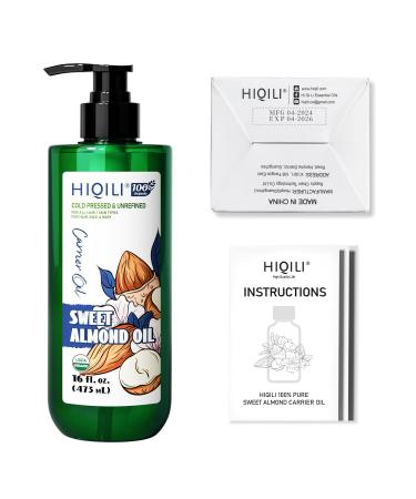 HIQILI Sweet Almond Oil for Skin Hair Body 100% Pure Organic Carrier Oil for Essential Oils Mixing Hexane Free Unscented - 16 Fl Oz - Buy Online on GoSupps.com