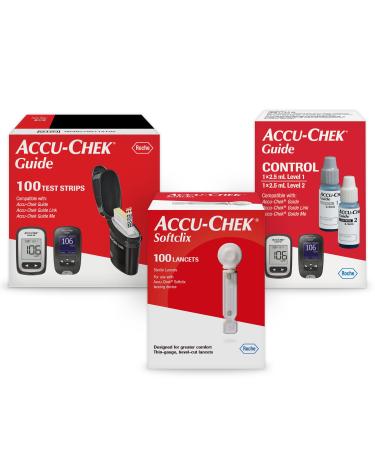 Accu-Chek Softclix Diabetes Blood Sugar Test Kit for Diabetic Glucose Monitoring: 100 Softclix Lancets 100 Guide Test Strips and Control Solution (Packaging May Vary) 1 Month Supply