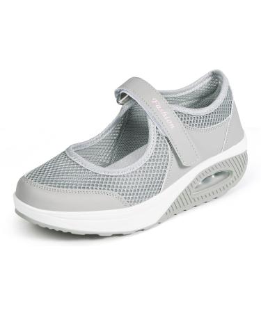 Sandals women leisure shoes wedge heel light walking shoes plateau sneakers mesh fitness sneakers running shoes summer breathable espadrilles 38 EU gray e
