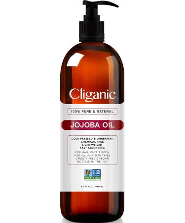 Cliganic Jojoba Oil Non-GMO, Bulk 32oz | 100% Pure, Natural Cold Pressed Unrefined Hexane Free Oil for Hair & Face 32 Fl Oz (Pack of 1)