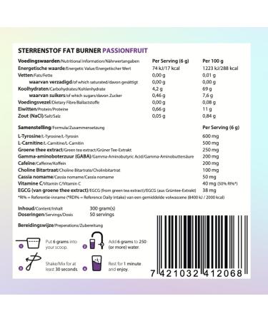 Buy Sterrenstof Passion Fruit Fat Burner - Appetite Suppressant with L-Carnitine & Green Tea Extract | 300g Powder for Quick Weight Loss - 50 Portions - Buy Online on GoSupps.com