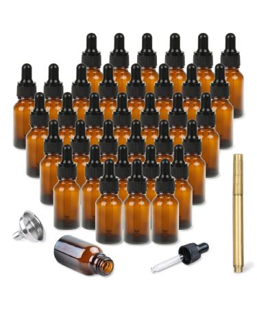 RUCKAE Amber Glass Bottles with Eye Droppers (0.5 oz, 36 Pack) for Essential Oils, Colognes & Perfumes,with Metal Funnel and Pen Amber 0.5oz 36pcs