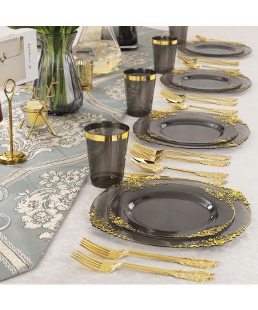 Nervure 175PCS Clear Black & Gold Plastic Plates Set for 25 Guests - Ideal for Parties & Halloween - Buy Online on GoSupps.com