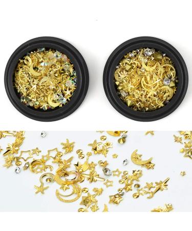 Katfan 3D Gold Nail Studs Gems Rhinestones Pearls Beads Charms Micro Art Decoration - Moon Stars - 2 Boxes - Buy Online on GoSupps.com