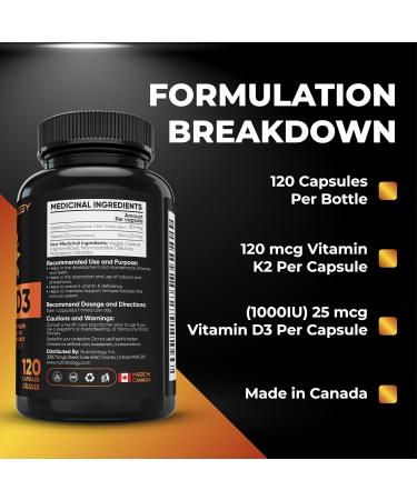 Vitamin K2 + D3 Highest Potency 120MCG/1000 IU - 120 Capsules - Helps Maintain Bone & Teeth Health - Formulated With MK-7 For Best Results - Immune System Support - Made In Canada 120 count (Pack of 1) - Buy Online on GoSupps.com