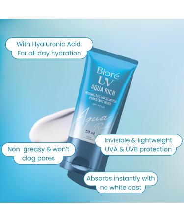 Bior UV Aqua Rich Weightless Moisturizer with SPF 50 | Dermatologist Tested Face Cream with Invisible UV Protection | 50mL - Buy Online on GoSupps.com