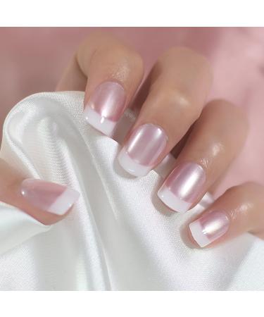 Elevenail Glossy Pearl Pink White French False Nails Medium Short Squoval Press on Nails Fake Manicure Faux Ongles Christmas Nail Art Tips Gift for Women and Girls White Pink - Buy Online on GoSupps.com