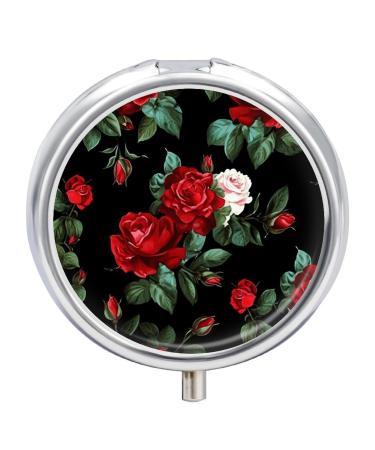 Round Pill Box Beautiful Rose Gift Print 3 Compartment Medicine Pill Case Print Pill Organizer Decorative Metal Portable Pill Box Pocket Pill Box Style
