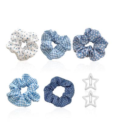 5 Pieces Of Hair Ties 2 Pieces Of Star Hair Clips Hair Ties For Women Plaid Hair Ties Blue Hair Ties Blue Plaid Hair Accessories Silk Hair Ties Fluffy And Cute Hair Ties For Girls