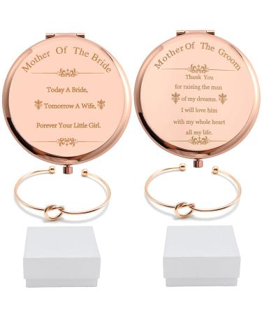Pack of 2 Mother of the bride & Mother of The Groom Mirrors Gifts Set Rose Gold Stainless Steel Compact Pocket Makeup Mirror with 2 Pcs Rose Gold Knot Bracelet and 2 Gift Box Wedding Proposal Gift