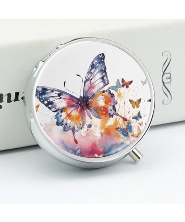 Round Pill Box with Watercolor Butterfly Print - 3 Compartment Medicine Organizer | Decorative Metal Portable Pill Case - Buy Online on GoSupps.com