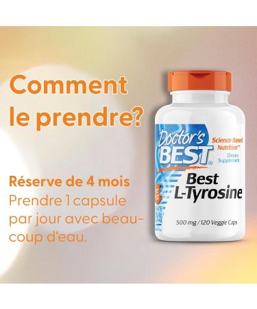 Doctor's Best L-Tyrosine 500mg 120 Vegan Capsules Amino Acid Lab Tested Gluten Free Soy Free Vegetarian - Buy Online on GoSupps.com